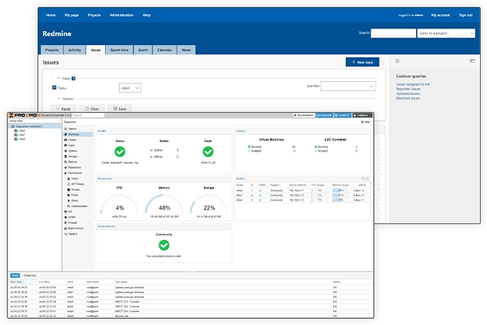 Screenshots von Web-Panels (Proxmox und Redmine)