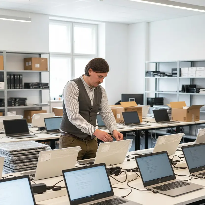 Uniport Mitarbeiter beim Notebooks einrichten.